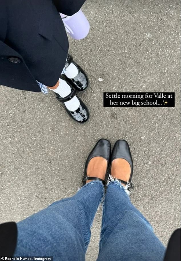 This Morning presenter Rochelle Humes, 35, shared a sweet snap of her and her daughter's feet with the caption: 'Settle morning for Valle at her new big school'