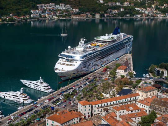 View from Kotor Fortress with a cruise ship in the harbour; Kotor, Montenegro