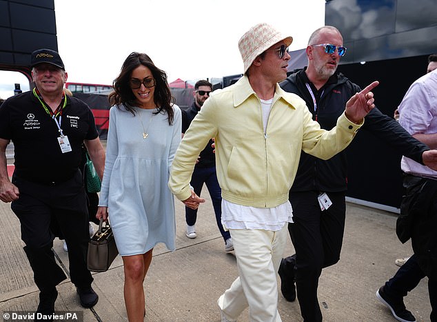 Brad Pitt and Ines de Ramon at the Formula One British Grand Prix in Silverstone in July