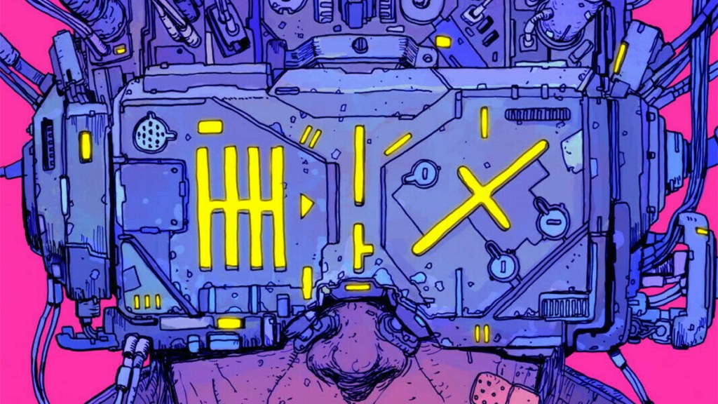 A comic illustration of a person wearing a battered high-tech headset from the cover of Neuromancer by William Gibson