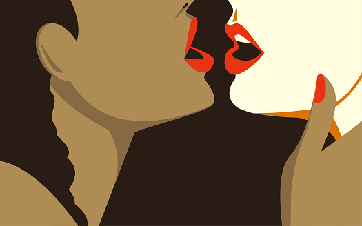 Two young beautiful illustrated women are hugging and kissing