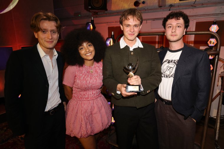 LONDON, ENGLAND - SEPTEMBER 05: Nicholas Eden, Lily Fontaine, Douglas Frost and Lewis Whiting of English Teacher after winning the Mercury Music Prize at the Mercury Music Awards 2024 at Abbey Road Studios on September 05, 2024 in London, England. (Photo by JMEnternational/Getty Images)