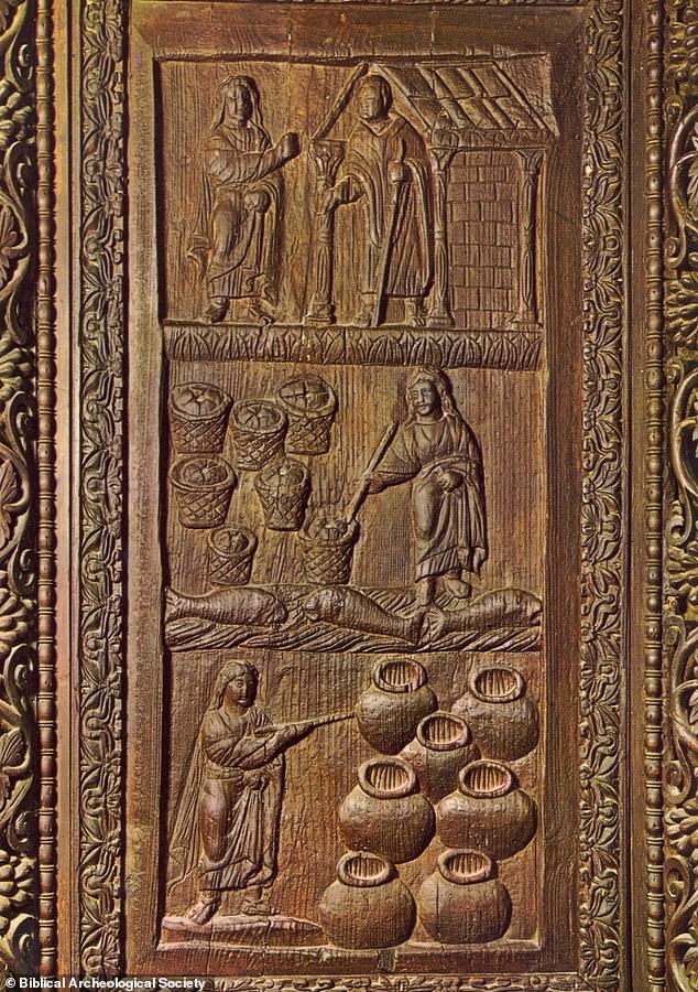 A carving is displayed on the door of the Santa Sabina Church in Rome showing Jesus using a wand to raise Lazarus from the dead and turning water into wine. The carving was created on a wooden door in 432 AD which is displayed in the Santa Sabina Church in Rome