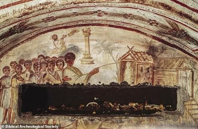 In one painting, Jesus holds a wand over the cadaver of Lazarus before he performs the miracle of raising him from the dead. This image was painted in the fourth century, although the exact date is unknown, and was found at the Catacomb of Via Latina in Rome