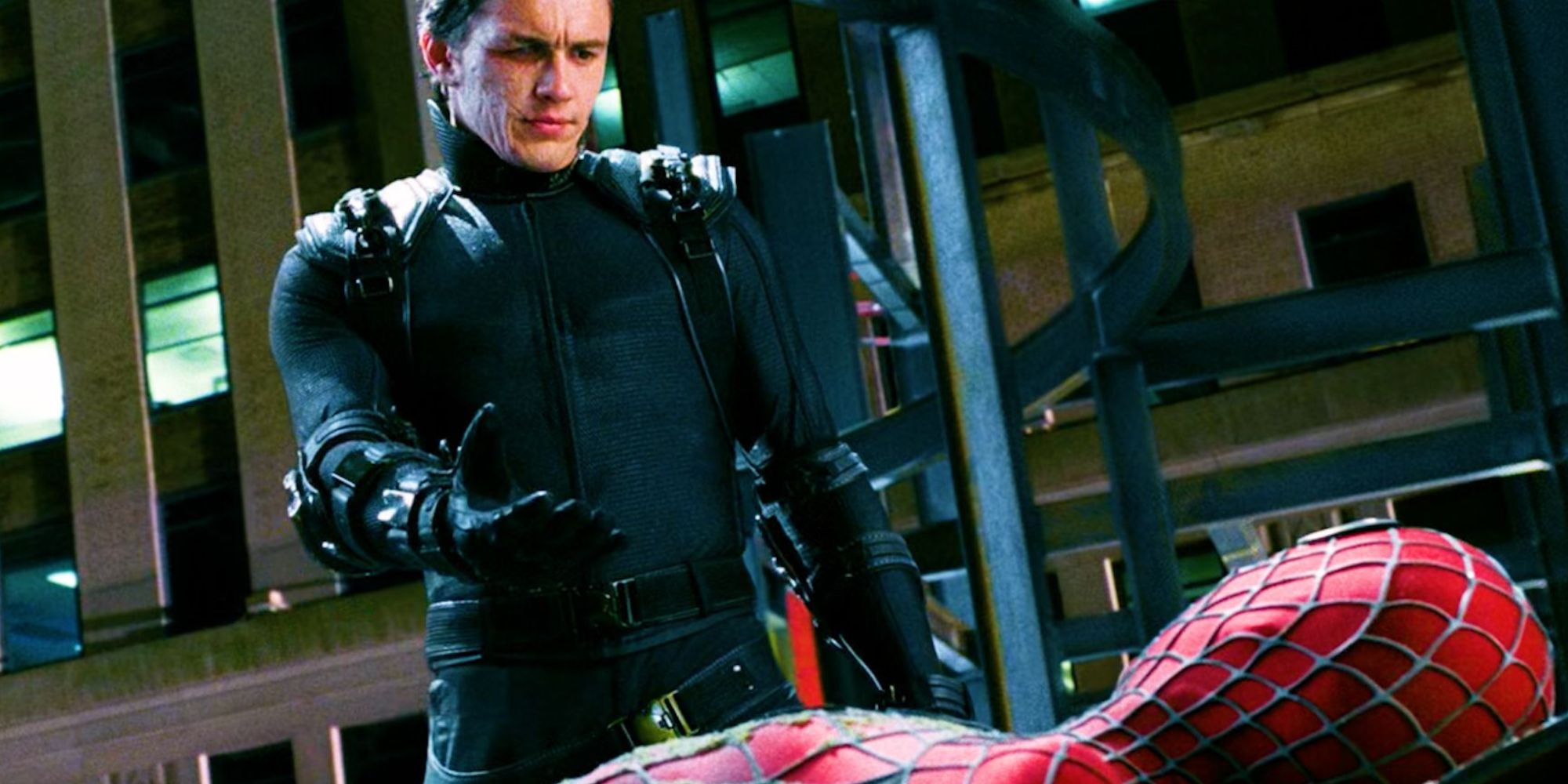 Harry Osborn/Green Goblin offering his hand to Spider-Man in Spider-Man 3