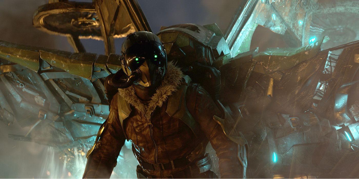 Vulture in a damaged wingsuit looking off-screen in Spider-Man: Homecoming