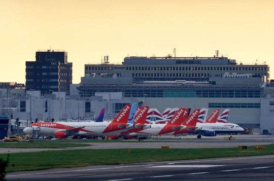 Easyjet and Wizz Air planes on the tarmac at Gatwick Airport in West Sussex. 