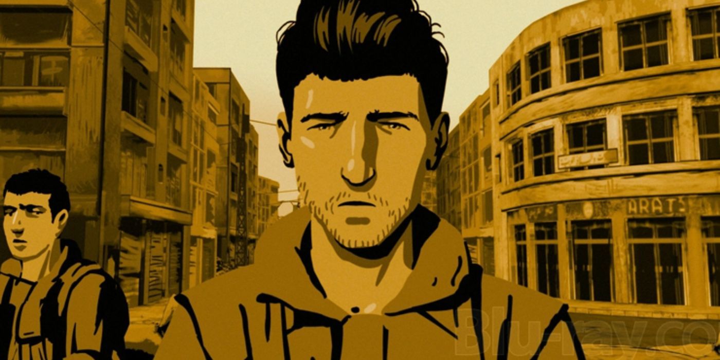 Bashir walking down the street with a somber expression in 'Waltz With Bashir' 