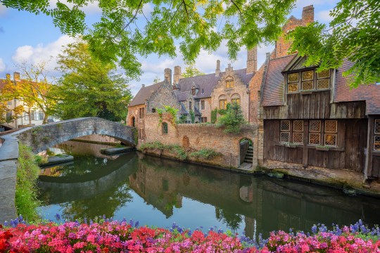 A canal, bridge and architecture, with trees and pink flowers framing the view, in Bruges, Belgium