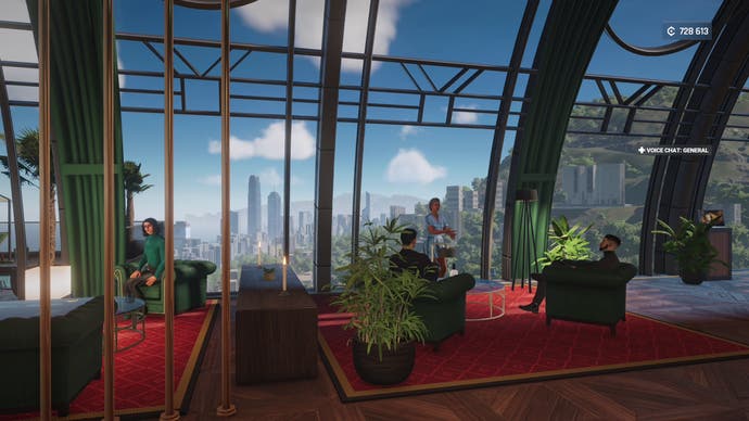 Test Drive Unlimited Solar Crown screenshot showing the penthouse headquarters of the Sharps clan, one of the limited areas that can be explored on foot.