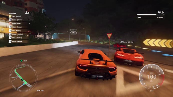 Test Drive Unlimited Solar Crown screenshot showing a night-time race, with Lamborghini Huracan Performante attempting to overtake a Corvette C7.