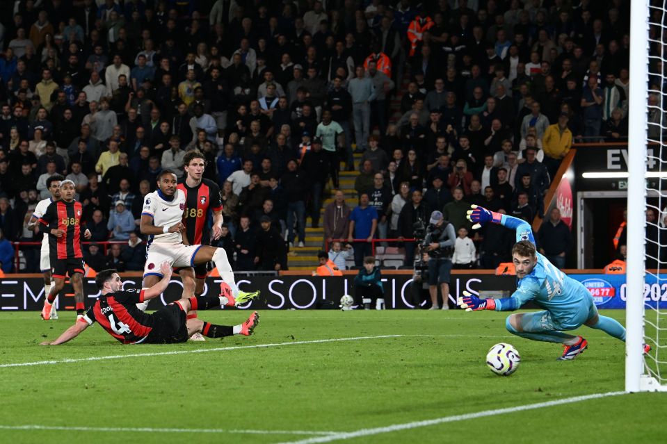 Nkunku wriggled free of his markers to find the bottom corner