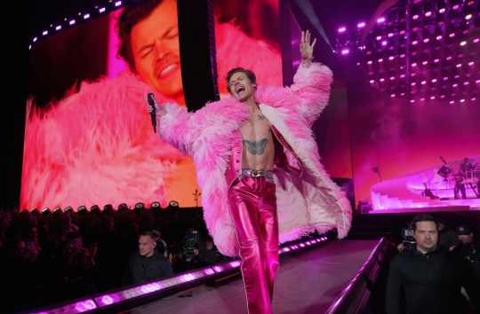 Harry Styles wears a fluffy pink coat on stage at coachella