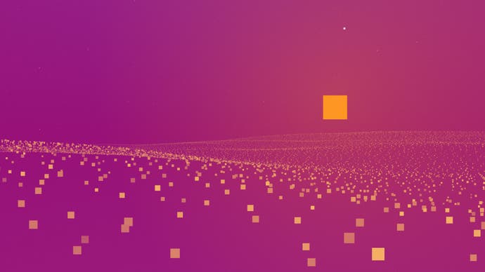 Periphery Synthetic official screenshot showing a pink-purple background with a golden yellow square as a setting sun, and sparse waves of yellow dots in the foreground