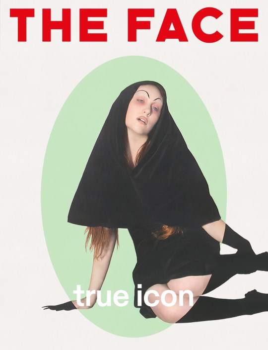 Chappell Roan on the cover of The Face. She is wearing a black dress and headscarf with the words 'true icon' in front of her