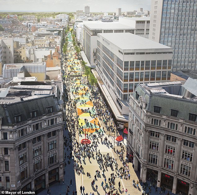 Mr Khan has also released an artist's impression of what a pedestrianised Oxford Street could look like