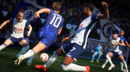 EA Sports FC 25 screenshot showing James running with the football as he's tackled