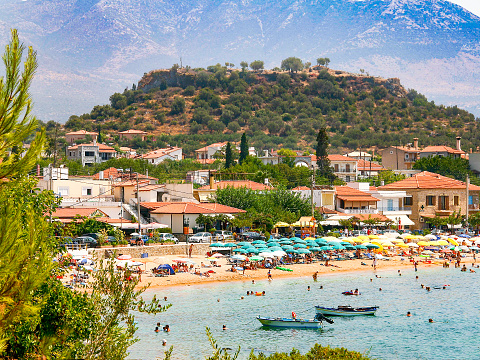 view of Stoupa beach, located in Messinia, Greece