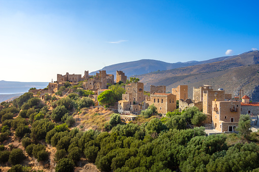 View of the picturesque medieval village of Vatheia with towers, Lakonia, Peloponnese, Greece.