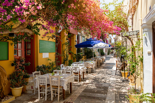 Restaurant in an alley under a bougainvillea tree