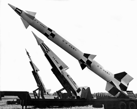 Three generations of NIke air defense missiles showing, L-R Ajax (1953), Hercules (1958), and Zeus (1960), late 1960s or early 1970s. The Hercules & Zeus had nuclear warhead carrying capabilities. (Photo by Adam Glickman/Underwood Archives/Getty Images)