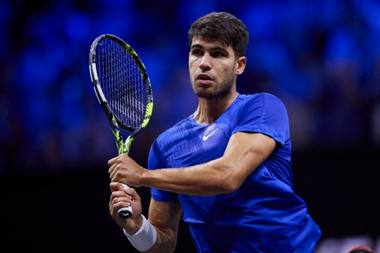 Carlos Alcaraz of Team Europe looks on against Ben Shelton of Team World during the Men's Singles match on day two of Laver Cup 