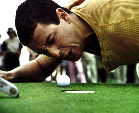 Adam Sandler in Happy Gilmore shouting at a golf ball