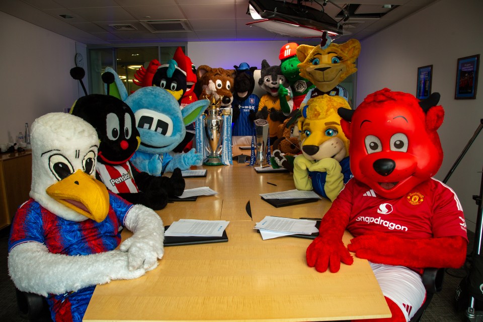 The mascots inside Barclays headquarters in London's Canary Wharf