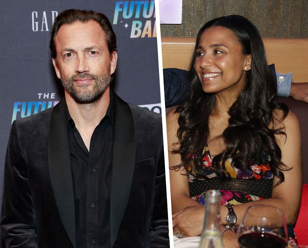 Compositie picture, Andrew Shue poses on red carpet on left and on the right, Marilee Fiebeg sits in a chair and looks to her right