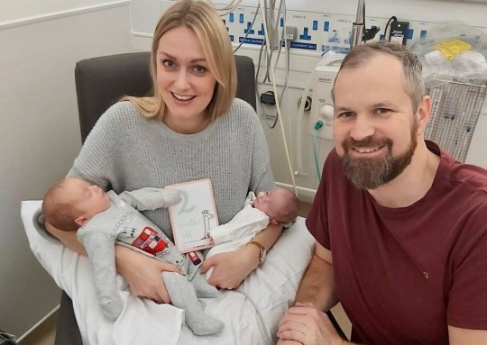 Rebecca and Rhys in the NICU with their babies Noah and Rosalie