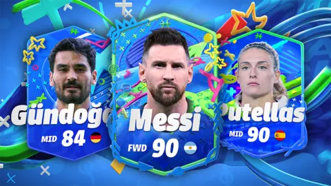 Matchday Three shields featuring a photo of football players İlkay Gündoğan, Lionel Messi and Alexia Putellas, against  a colourful background. On each shield the player's surname, position, and an overall stat rating is show in large white characters alongside their country's flag.