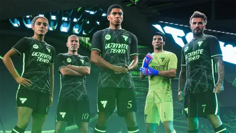 EA Five computer-generated footballers pose in black kits (lime green for the goalkeeper) with ULTIMATE TEAM printed in bright green letters. They are standing in a stadium that is illuminated by a futuristic green glow.