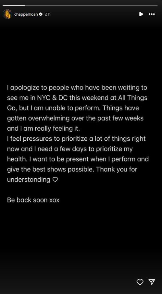 Chappell Roan Instagram statement after pulling out of All Things Go Festival