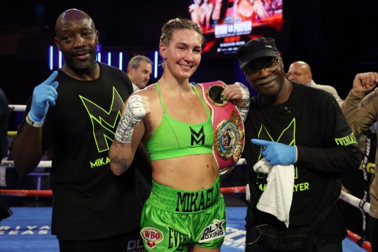 Mikaela Mayer poses with her belt after defeating Sandy Ryan of England (not pictured) by majority decision during their WBO Welterweight title