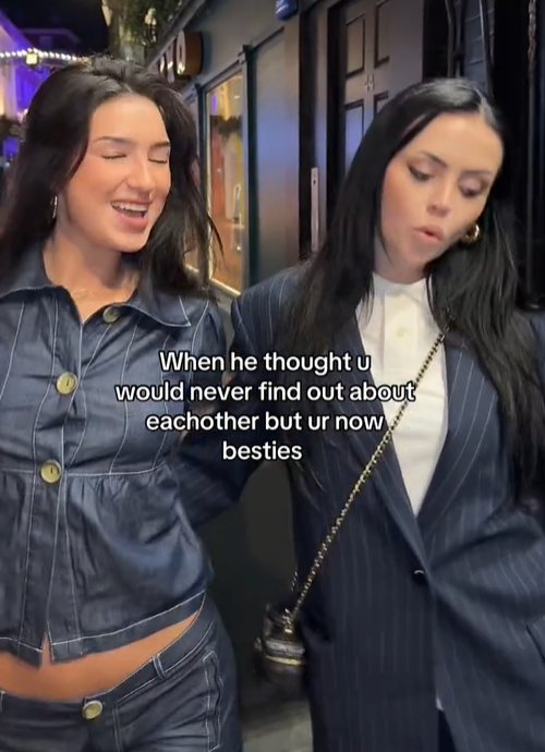 two girls with dark hair pose beside each other for a video