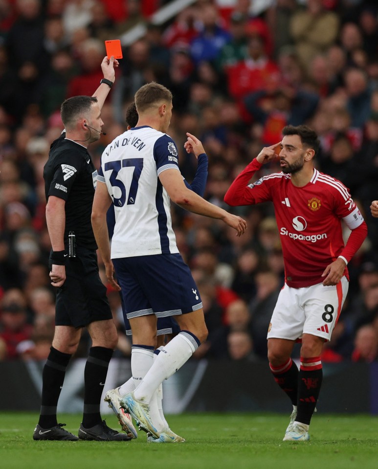 Bruno Fernandes was sent off in the first half against Spurs