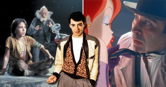 A compilation image of scenes from The Neverending Story, Ferris Bueller's Day Off, and Who Framed Roger Rabbit