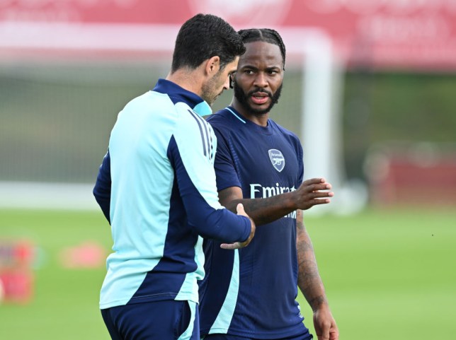 Arsenal manager Mikel Arteta with Raheem Sterling at Sobha Realty Training Centre on September 03, 2024 in London Colney