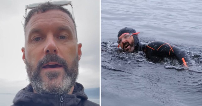 Man swims with Loch Ness monster.