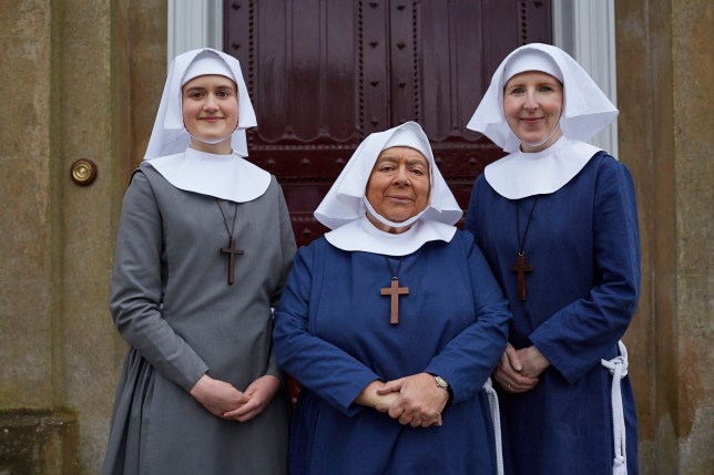 Ella Bruccoleri as Sister Frances, Miriam Margolyes as Sister Mildred and Fenella as Sister Hilda dressed as nuns in Call The Midwife