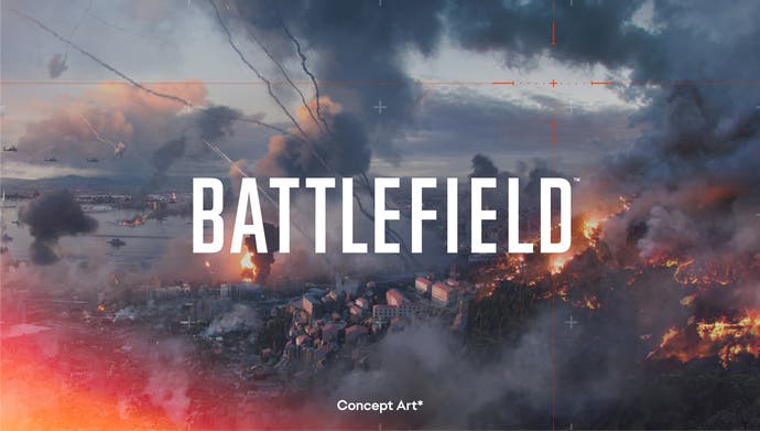 Concept art for EA's unnamed next Battlefield game featuring a smouldering city surrounded by fire and smoke.