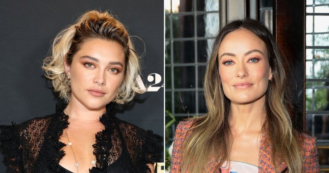 Florence Pugh with short blonde hair and Olivia Wilde with long brown hair