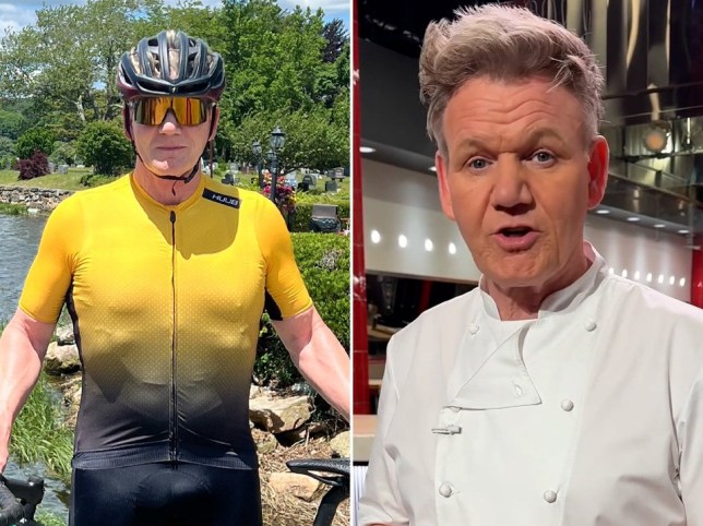 Gordon Ramsey poses with a bike and in his chef's uniform