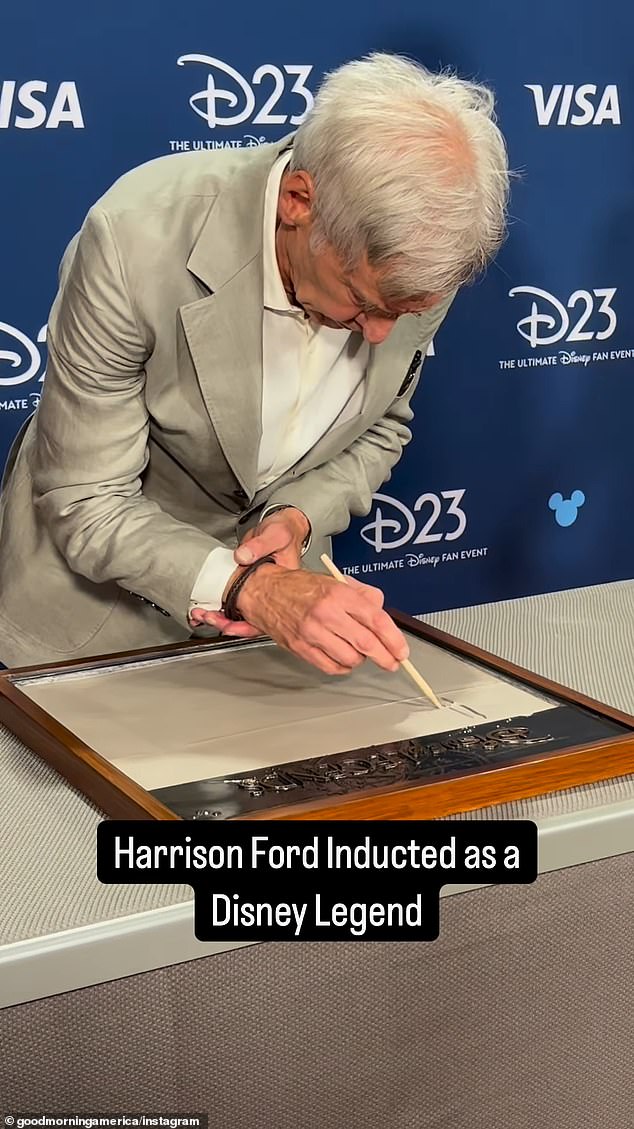 During the ceremony, Ford left his handprints in cement, though fans observed that he had difficulty signing his name beside them