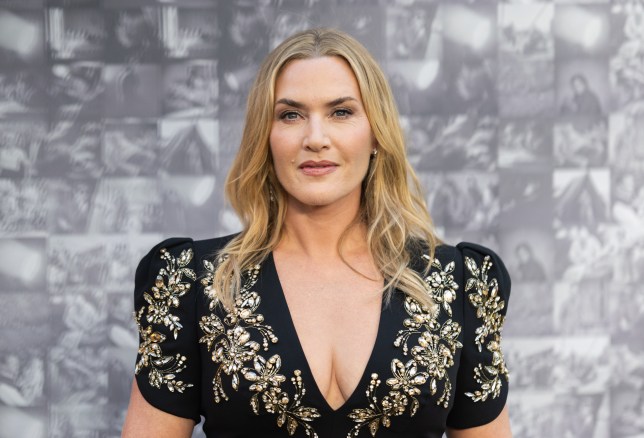 Kate Winslet wearing a black dressed embellished with gold flowers as she smiles on the red carpet at the Lee premiere