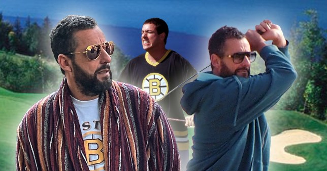 A compilation image of Adam Sandler filming and in Happy Gilmore