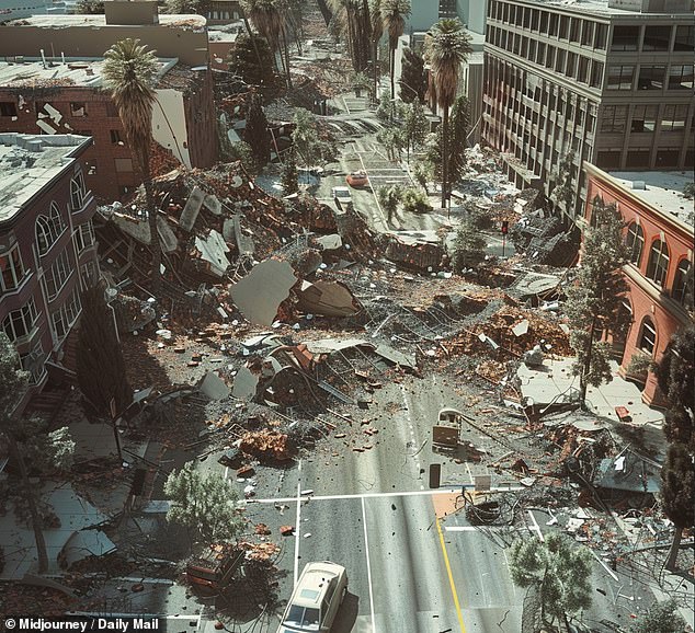 Scientists predicted the next 'Big One' will hit California within 30 years, stemming from the San Andreas Fault Line. Pictured is what Los Angeles could look like if a 6-magnitude earthquake hit