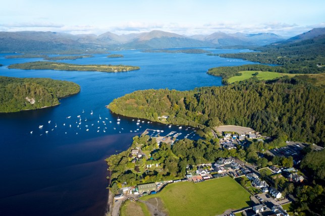 Aerial view of Balmaha Scottish village at Loch Lomond