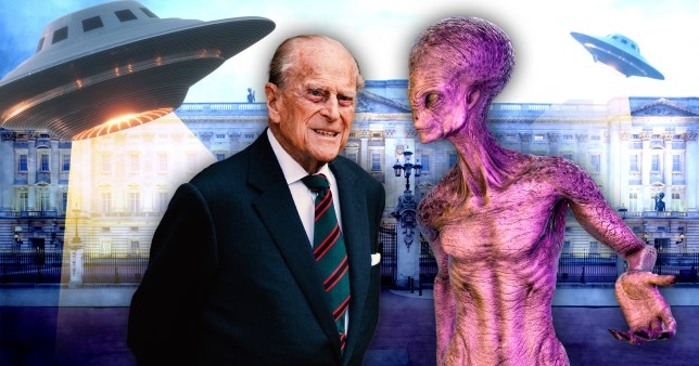 A composite image of Prince Philip in a suit in front of Buckingham Palace with two flying saucers in front of him.