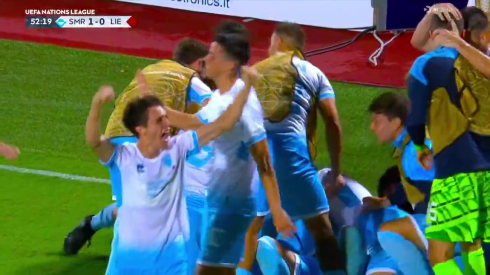 San Marino celebrate arguably the greatest moment in their footballing history